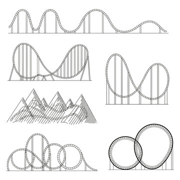 Roller coaster track collection vector, amusement park ride outline illustration, thrilling loop designs, entertainment attraction engineering artwork