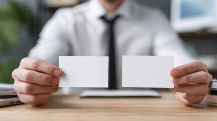 Naklejka premium Businessman holding two blank business cards at a desk.