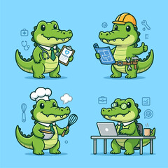 Fototapeta premium Cute Crocodile Profession Mascot Character Set