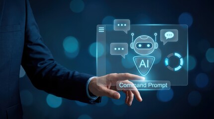 Fototapeta premium Businessman Interacting with Holographic AI Command Prompt Interface