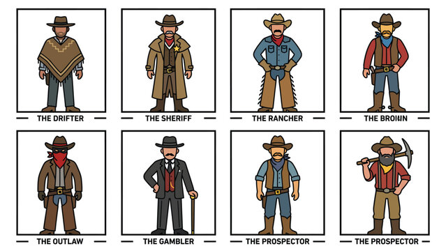 Set of eight cartoon cowboy characters from the Wild West, including a drifter, sheriff, rancher, outlaw, gambler, and prospector.