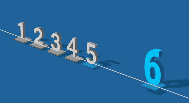 number 6 standing out in a progressive sequence on a blue background symbolizing steps achievement and business success.