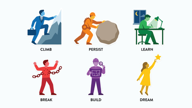 Set of six motivational illustrations depicting climb, persist, learn, break, build, and dream concepts with people overcoming challenges.