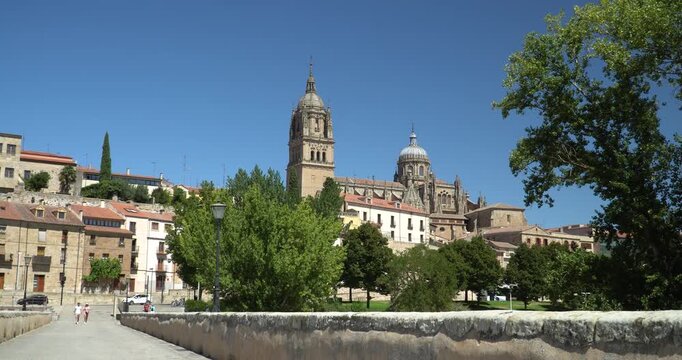 The impressive silhouette of Salamanca in Spain, right on the banks of the Tormes River