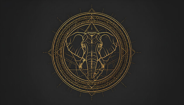 Geometric golden elephant design on dark background with intricate patterns