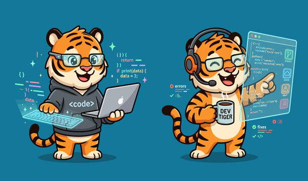 Cute Cartoon Tiger Software Developers Coding and Programming