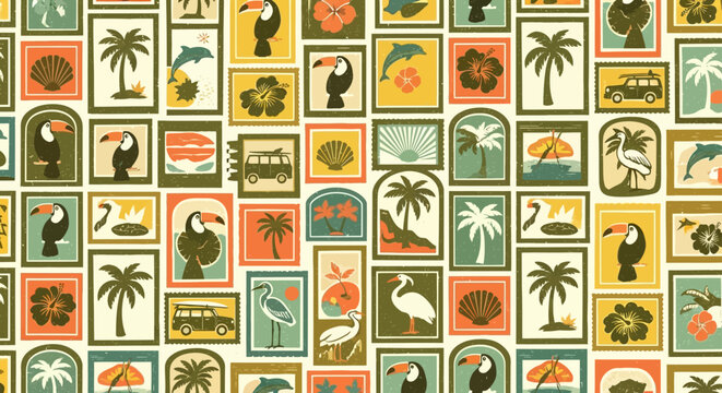 tropical hawaii pattern vintage illustration seamless featuring retro travel stamps depicting summer island vacation elements.