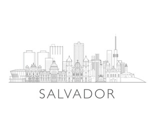 Fototapeta premium Salvador, Bahia, skyline, Brazil. Urban cityscape with landmarks and monuments. Hand drawn line art digital skyline illustration.