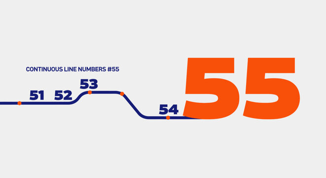 continuous line numbers sequence leading to a large 55 visually representing progression on a minimalist graphic background useful for business concepts.
