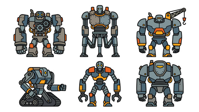 Set of six different cartoon robots, including a tracked robot, a robot with a crane, and various bipedal and multi-legged designs, on a white background.