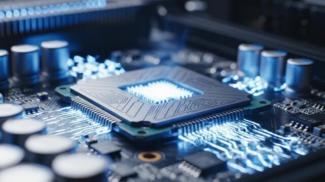Close-up of computer processor chip on motherboard with blue light.