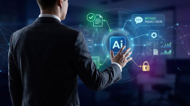 businessman pushing a button on touch screen interface