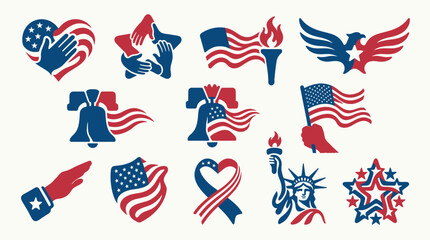 Collection of American patriotic symbols and icons in red, white, and blue colors, representing freedom and unity. © tr