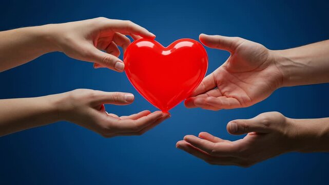 A bright red heart object is gently cradled in the palms of a man and a woman against a blue background.