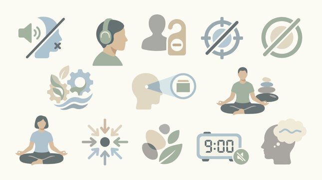 Collection of Icons Representing Mindfulness, Meditation, and Mental Well-being Concepts.
