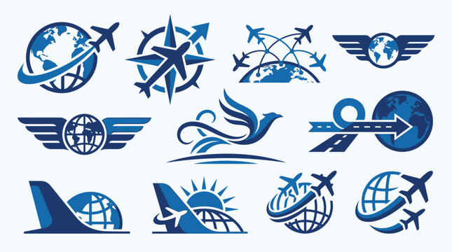 Collection of blue airplane and globe travel icons and logos, representing global aviation and transportation.