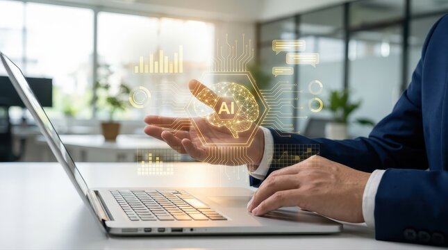 Business Professional Interacting with AI Brain Graphic on Laptop in Modern Office