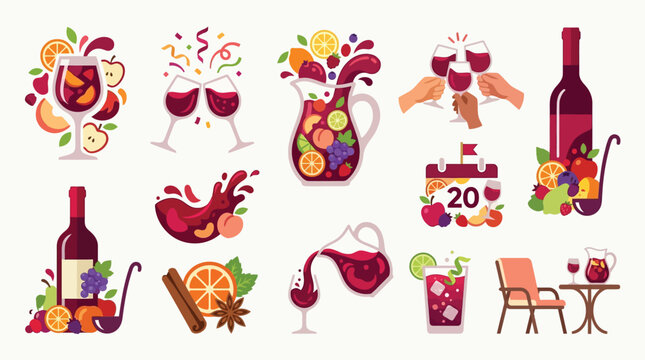Collection of colorful flat illustrations depicting various refreshing drinks and fruits, perfect for summer or party themes.