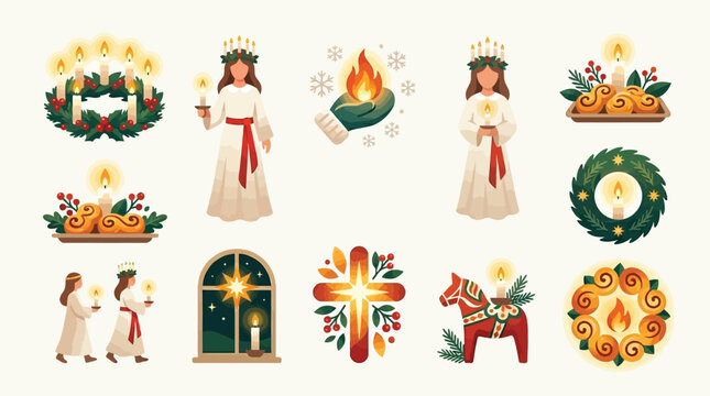 Saint Lucy's Day Celebration Icons with Wreaths, Candles, and Traditional Figures.