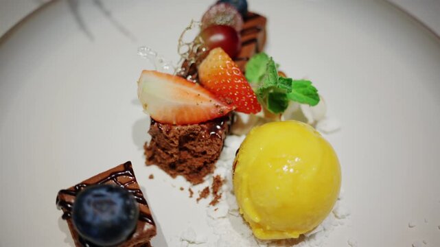 Close up of an elegant dessert served at a restaurant, featuring berries, cream, mint, chocolate, and a scoop of yellow sorbet