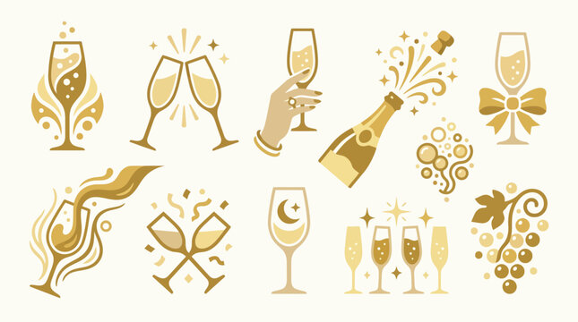 Collection of elegant golden champagne glasses and bottle illustrations, perfect for celebrations and festive occasions.