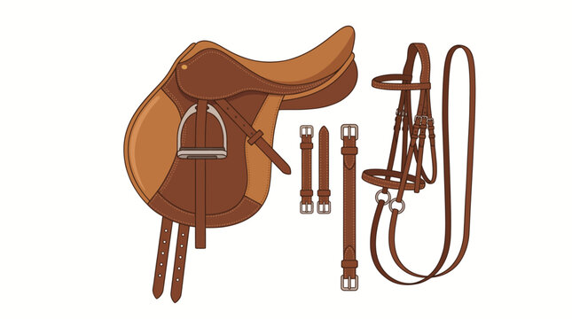 Brown leather horse saddle equipment set.