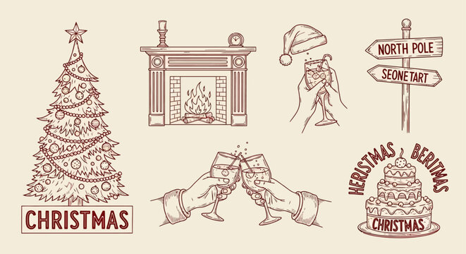 christmas holiday vector illustration set featuring festive elements a decorated tree cozy fireplace and celebratory drinks.