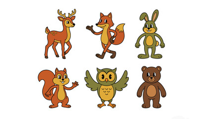 Fototapeta premium Set of cartoon forest animals including deer, fox, rabbit, squirrel, owl, and bear on a white background.