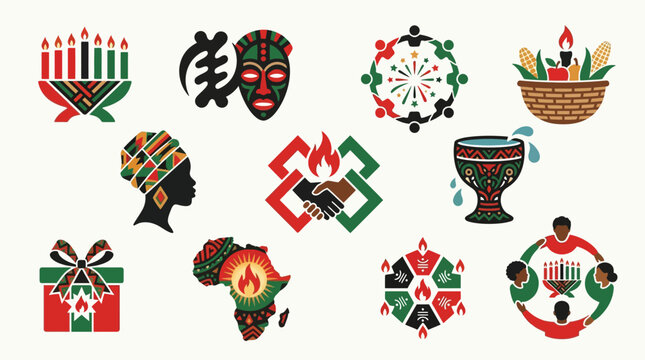 Kwanzaa symbols and icons representing African culture and celebration.