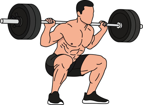 Muscular Man Performing Barbell Squat Exercise Illustration Isolated on White Background