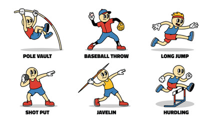 Fototapeta premium Cartoon characters performing various athletic sports including pole vault, baseball throw, long jump, shot put, javelin, and hurdling.