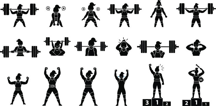 Set of bodybuilding and fitness silhouette poses with barbell, flexing athletes, and winner podium isolated on white