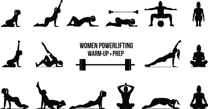 Women Powerlifting Warm Up and Prep Silhouette Set with Strength Training Exercise Poses