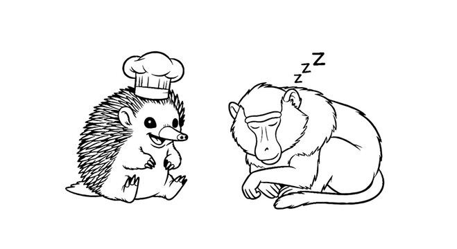Hedgehog chef and sleeping monkey cartoon characters