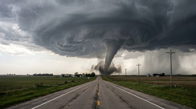 Massive Supercell Tornado Crossing Midwest Farmland Under Dark Storm Clouds