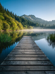Fototapeta premium Wooden pier extending over a tranquil mountain lake surrounded by lush evergreen forest and early morning mist under a clear blue sky