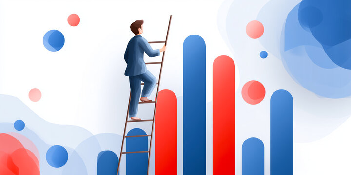 Businessperson climbing exponential graph ladder symbolizing compound interest growth leading to long term financial success wealth accumulation and investment achievement