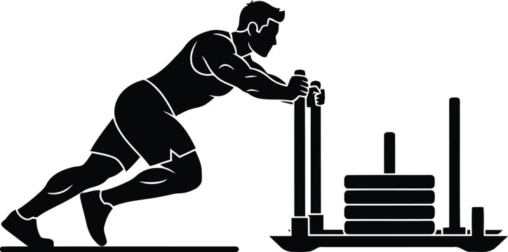 Black silhouette of athlete pushing a weighted sled for strength training and high-intensity fitness workout