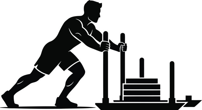 Silhouette of athlete pushing sled during strength training workout isolated on white background