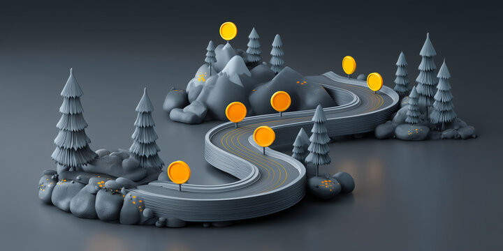 Winding road with milestones illustrating long journey toward mastery emphasizing no shortcuts and importance of perseverance dedication and continuous improvement