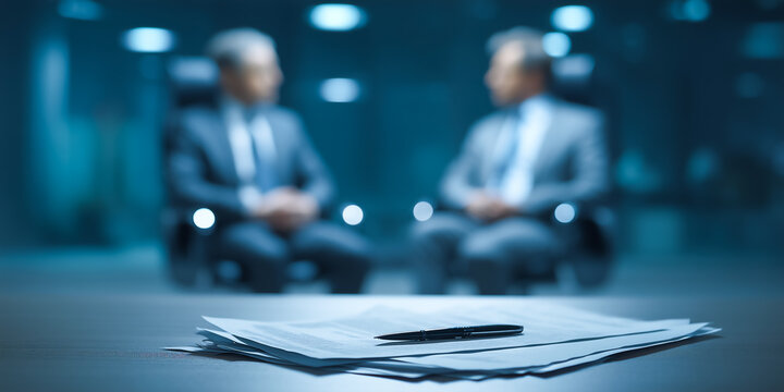 Interview documents and notes on table with two professionals discussing highlighting preparation organization and effective communication in business environment
