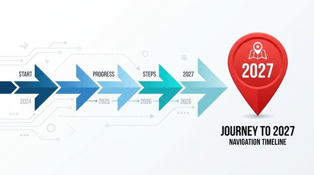 Modern Blue Arrow Timeline Leading to Red 2027 Marker on Minimal Technology Background