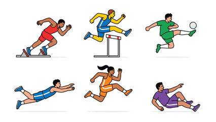 Fototapeta premium Set of diverse athletes performing various sports activities like running, hurdling, soccer, and diving in a flat design style.
