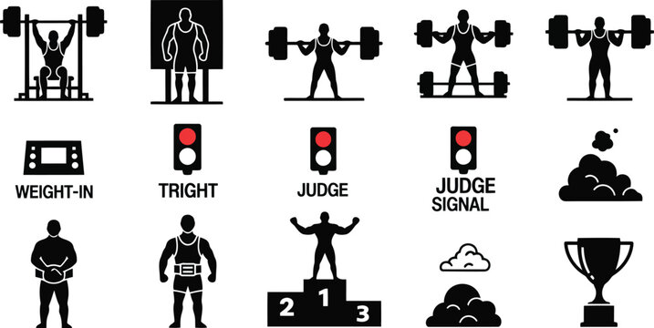 Weightlifting Judge Signal Icons Set with Referee Silhouettes for Competition Scoring