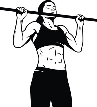 Black and White Vector Illustration of Fit Woman Doing Pull Up Exercise on Gym Bar