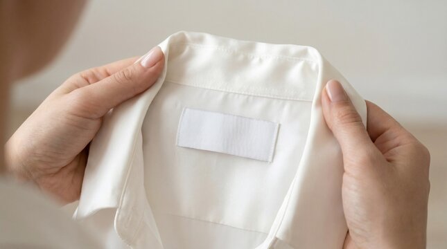 Blank clothing label mockup. Close-up of female hands holding a white shirt collar with an empty white neck tag for branding or logo presentation