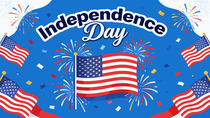 Obraz premium Vibrant Independence Day celebration with American flags and fireworks on a blue background.