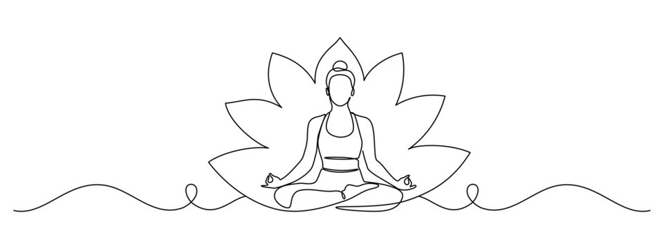 Continuous one line art drawing of Woman practicing yoga meditation in lotus flower. Healthy lifestyle illustration with female yogi. Spiritual wellness and relaxation concept for fitness club