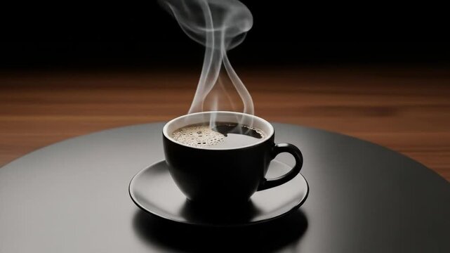 Steaming Hot Coffee Cup on a Dark Table with Warm Background.