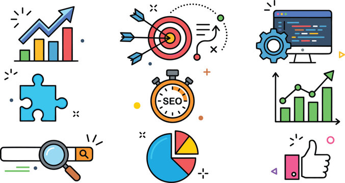 Digital Marketing and SEO Vector Icon Set Featuring Charts, Graphs, Target, SEO Stopwatch, Search, Puzzle, Code, Pie Charts, and Social Analytics Symbols